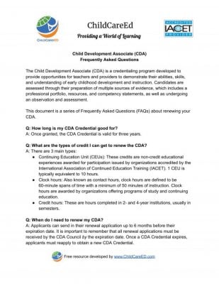 CDA FAQs: Renewing Your CDA. All Ages. CDA