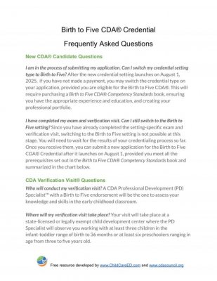 Birth to Five CDA&reg; Credential  Frequently Asked Questions