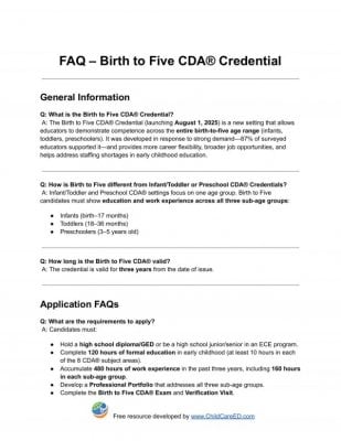 FAQ &ndash; Birth to Five CDA&reg; Credential 