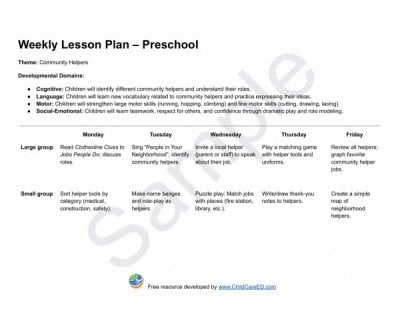 Sample Weekly Lesson Plan Preschool