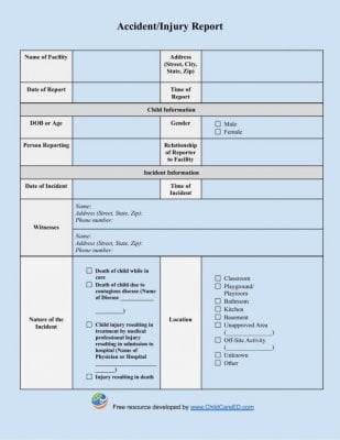 Accident/Injury Report Template (Birth to Five)