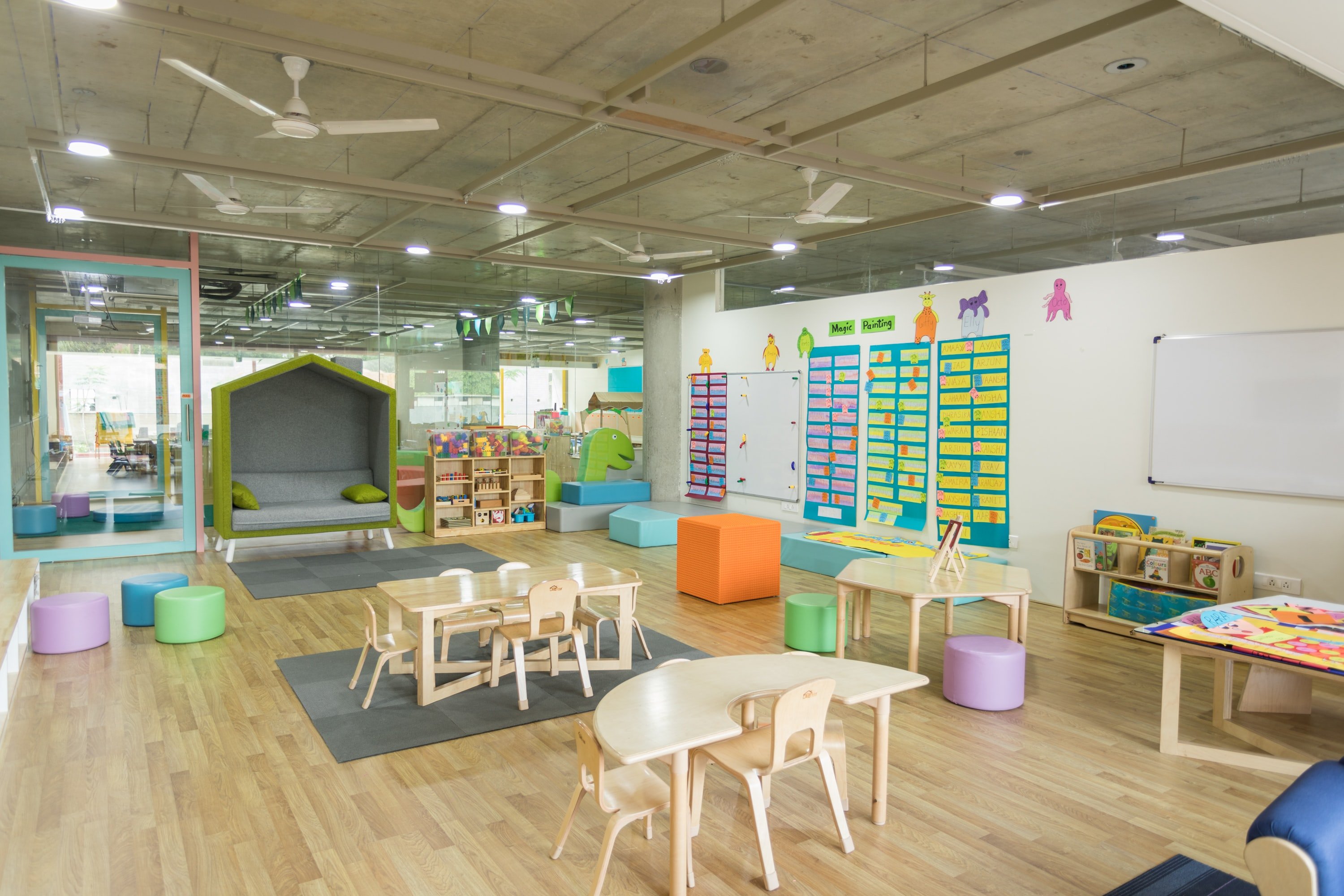 Brightly Lit Classroom with Colorful Furniture